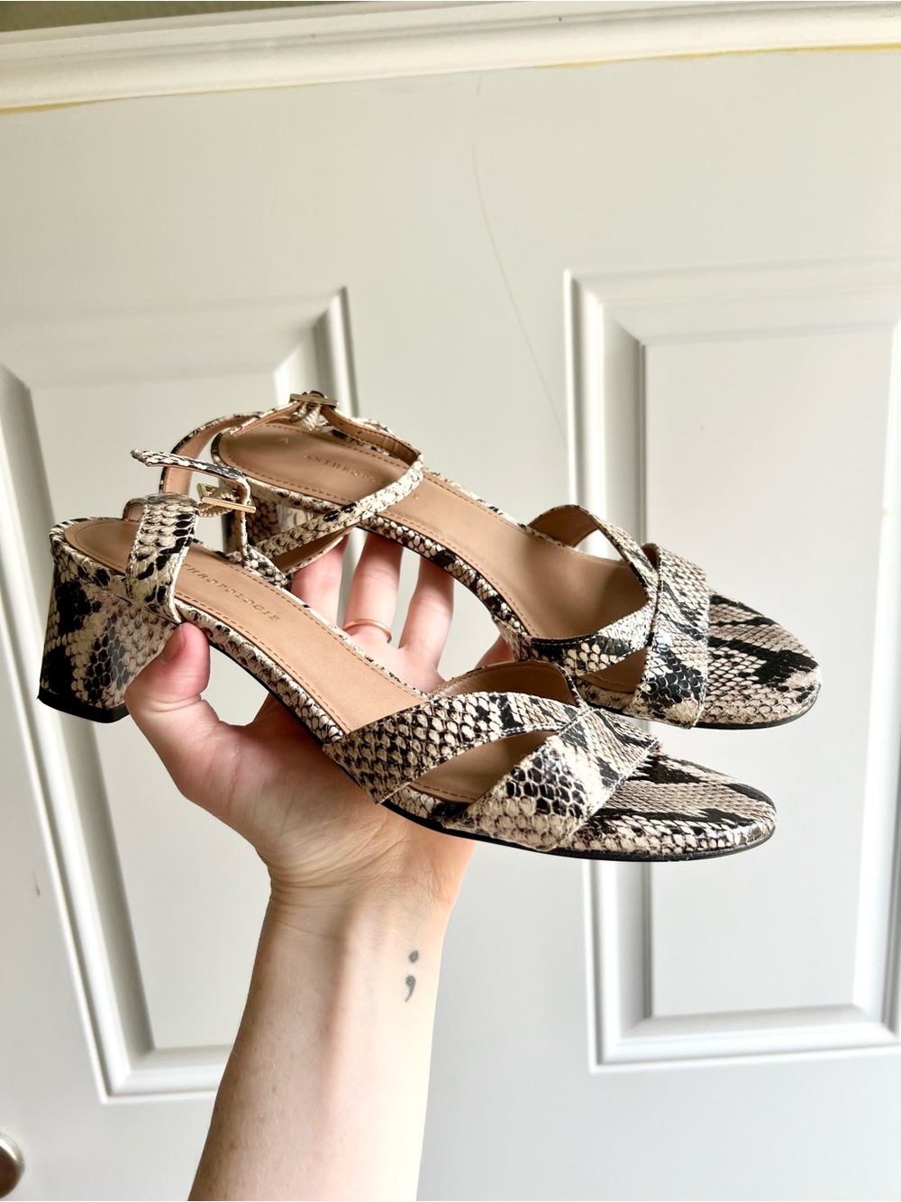 Anthropologie Snake Print Ankle Strap Block Heeled Sandals
